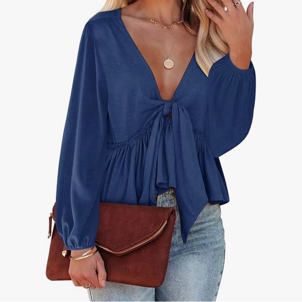 Women's Navy Tie-Front V-Neck Blouse